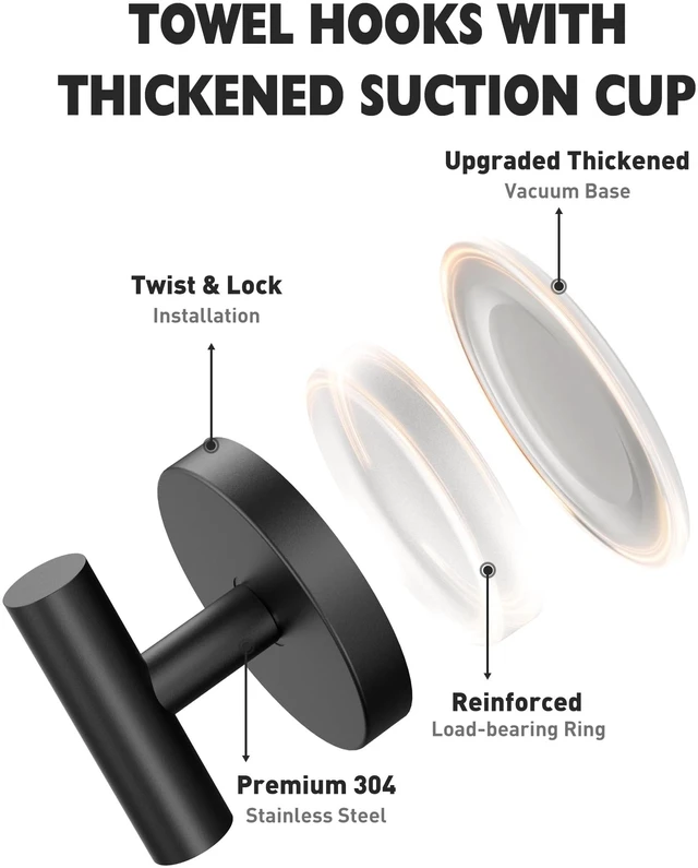 Alt view image 2 of 7 - Suction Cup Hooks for Shower, Shower Hooks for Inside Shower, No Drill Towel Hooks for Bathroom, Removable Suction Hooks for Glass, Mirror, Tile, Waterproof, Rustproof Black (4 Pack)