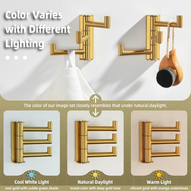 Alt view image 4 of 7 - Towel Hooks, Swivel Bathroom Hook, Brushed Dark Gold, 2 Pack SUS304 Stainless Steel, Folding 3 Arms, Kitchen Hand Towel Dishcloth Holder, Space Saver Fits Narrow Spot, Screws Mounted
