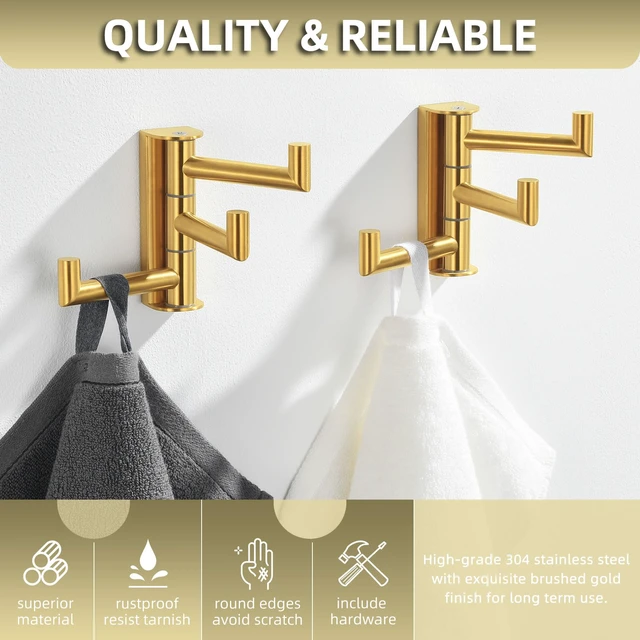 Alt view image 5 of 7 - Towel Hooks, Swivel Bathroom Hook, Brushed Dark Gold, 2 Pack SUS304 Stainless Steel, Folding 3 Arms, Kitchen Hand Towel Dishcloth Holder, Space Saver Fits Narrow Spot, Screws Mounted