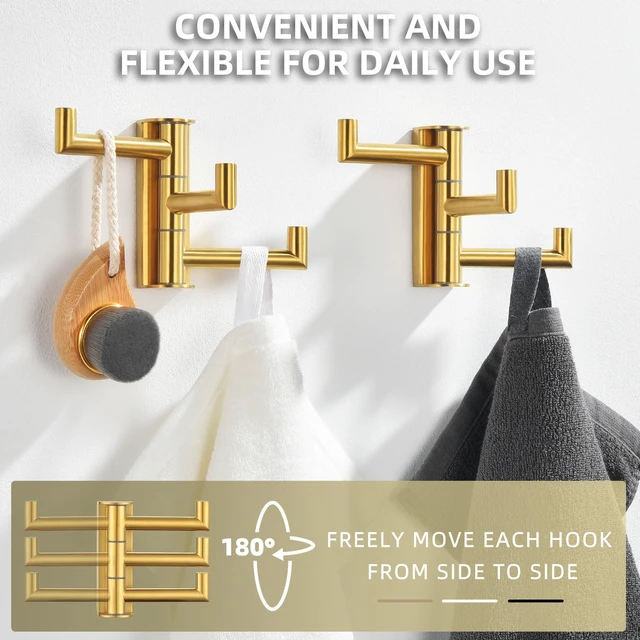 Alt view image 7 of 7 - Towel Hooks, Swivel Bathroom Hook, Brushed Dark Gold, 2 Pack SUS304 Stainless Steel, Folding 3 Arms, Kitchen Hand Towel Dishcloth Holder, Space Saver Fits Narrow Spot, Screws Mounted