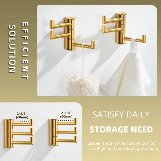 Alt view image 6 of 7 - Towel Hooks, Swivel Bathroom Hook, Brushed Dark Gold, 2 Pack SUS304 Stainless Steel, Folding 3 Arms, Kitchen Hand Towel Dishcloth Holder, Space Saver Fits Narrow Spot, Screws Mounted