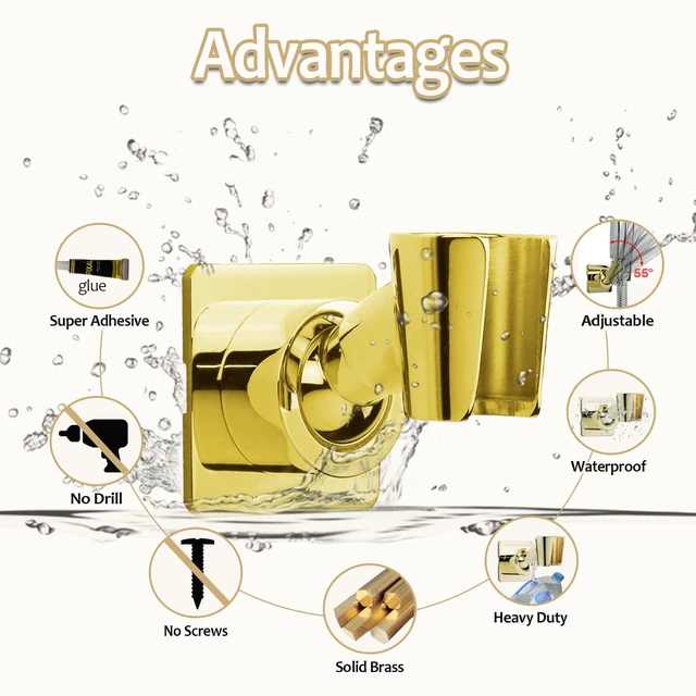 Alt view image 4 of 7 - Shower Head Holder Handheld Shower Wand Holder Adjustable Shower Head Bracket Shower Wall Mount Holder, Polished Brass/Gold Finish, Drill Free Glue Installation