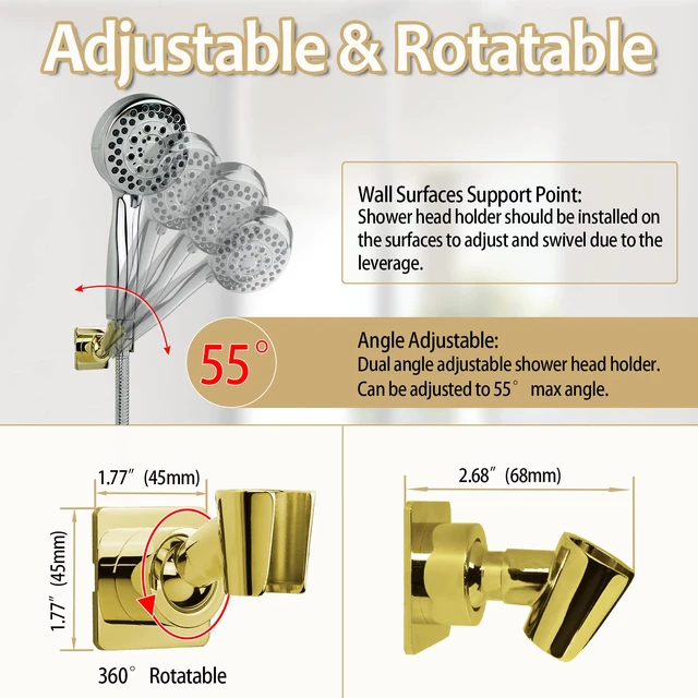 Alt view image 3 of 7 - Shower Head Holder Handheld Shower Wand Holder Adjustable Shower Head Bracket Shower Wall Mount Holder, Polished Brass/Gold Finish, Drill Free Glue Installation