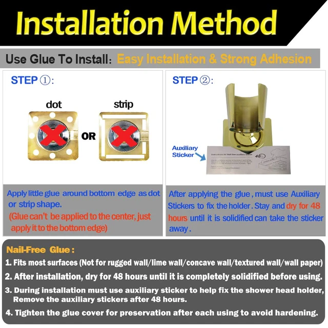 Alt view image 7 of 7 - Shower Head Holder Handheld Shower Wand Holder Adjustable Shower Head Bracket Shower Wall Mount Holder, Polished Brass/Gold Finish, Drill Free Glue Installation
