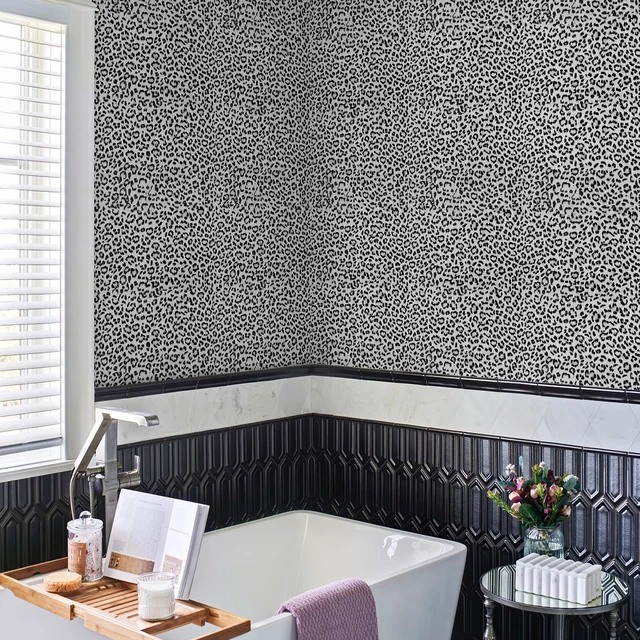 Alt view image 5 of 7 - Leopard Print Peel and Stick Wallpaper, Waterproof Removable Self Adhesive Textured Wall Paper, Black and White Unique Funky Cheetah Contact Paper for Bedroom and Bathroom 120"X17.3"(14.4 sq. ft)
