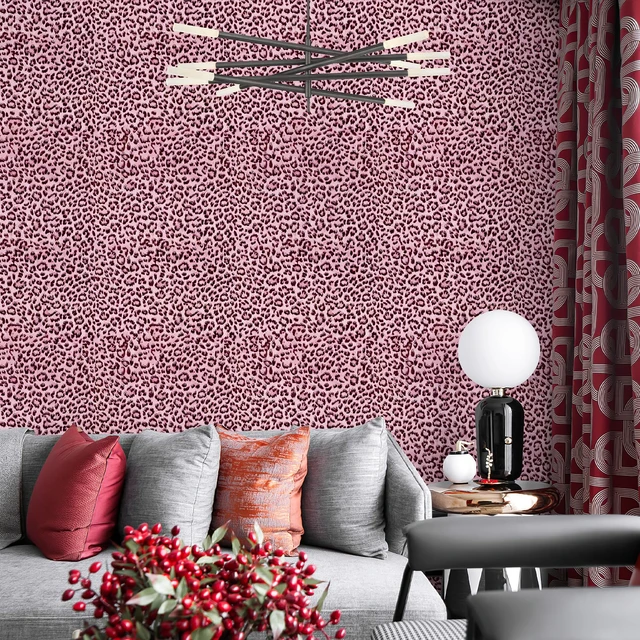 Alt view image 3 of 7 - Leopard Print Peel and Stick Wallpaper, Waterproof Removable Self Adhesive Textured Wall Paper, Black and Pink Unique Funky Cheetah Contact Paper for Bedroom and Bathroom 120"X17.3"(14.4 sq. ft)
