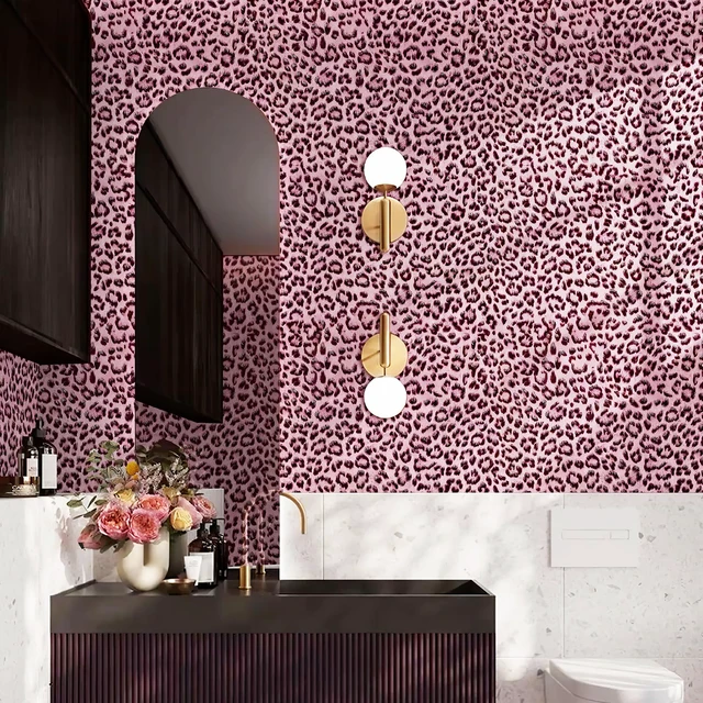 Alt view image 5 of 7 - Leopard Print Peel and Stick Wallpaper, Waterproof Removable Self Adhesive Textured Wall Paper, Black and Pink Unique Funky Cheetah Contact Paper for Bedroom and Bathroom 120"X17.3"(14.4 sq. ft)