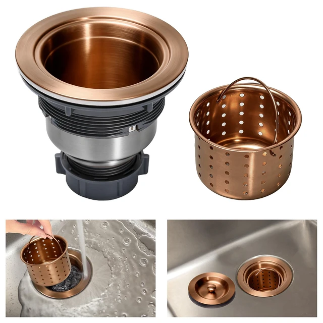 Alt view image 3 of 7 - 3/1-2 Inch Sink Drain Assembly Antique Copper Kitchen Sink Drain Kit Copper Stainless Steel Sink Basket Strainer Rubber Stopper, Sealing Lid/Removable Deep Waste Basket for Home, Kitchen