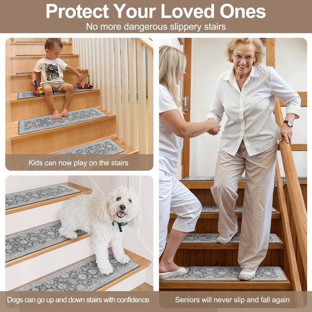 Alt view image 4 of 7 - Non-Slip Stair Treads Matching Mat for Wooden Steps 31"x31" Square Rubber Backing Anti-Slip Stair Carpet Landing Mat Stair Rugs Gray Carpet for Stairs