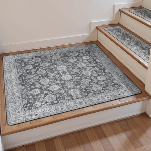 Alt view image 6 of 7 - Non-Slip Stair Treads Matching Mat for Wooden Steps 31"x31" Square Rubber Backing Anti-Slip Stair Carpet Landing Mat Stair Rugs Gray Carpet for Stairs