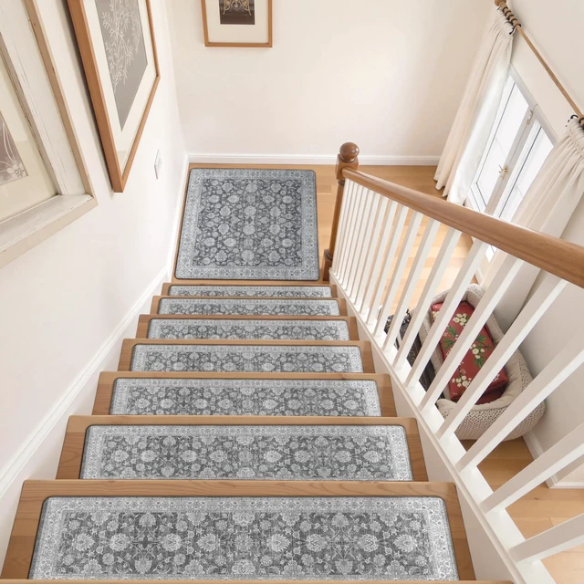 Alt view image 7 of 7 - Non-Slip Stair Treads Matching Mat for Wooden Steps 31"x31" Square Rubber Backing Anti-Slip Stair Carpet Landing Mat Stair Rugs Gray Carpet for Stairs