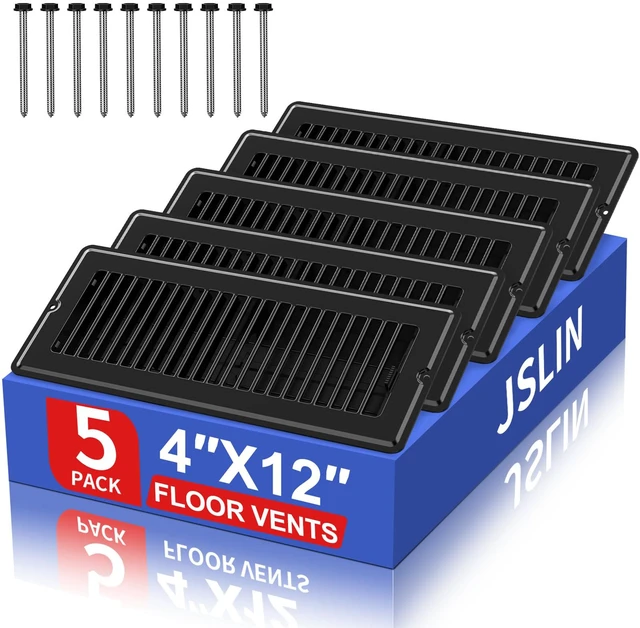 Main image of 4x12 Floor Register Vent Covers for Home Floor Wall Ceiling Black 5-Pack Heavy Duty Steel Floor Vents, Quiet & Anti-Rust Adjustable Air Vent Cover, 10 Screws Include, Fits 4" x 12" Duct Opening