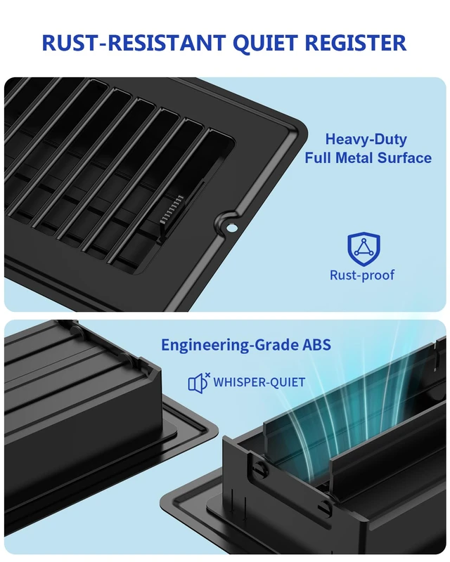 Alt view image 2 of 7 - 4x12 Floor Register Vent Covers for Home Floor Wall Ceiling Black 5-Pack Heavy Duty Steel Floor Vents, Quiet & Anti-Rust Adjustable Air Vent Cover, 10 Screws Include, Fits 4" x 12" Duct Opening