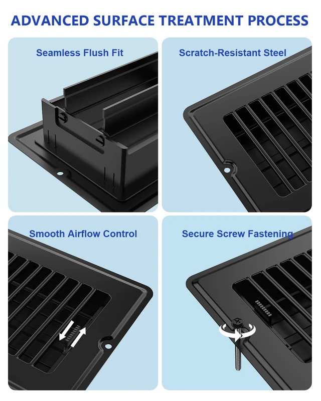 Alt view image 5 of 7 - 4x12 Floor Register Vent Covers for Home Floor Wall Ceiling Black 5-Pack Heavy Duty Steel Floor Vents, Quiet & Anti-Rust Adjustable Air Vent Cover, 10 Screws Include, Fits 4" x 12" Duct Opening