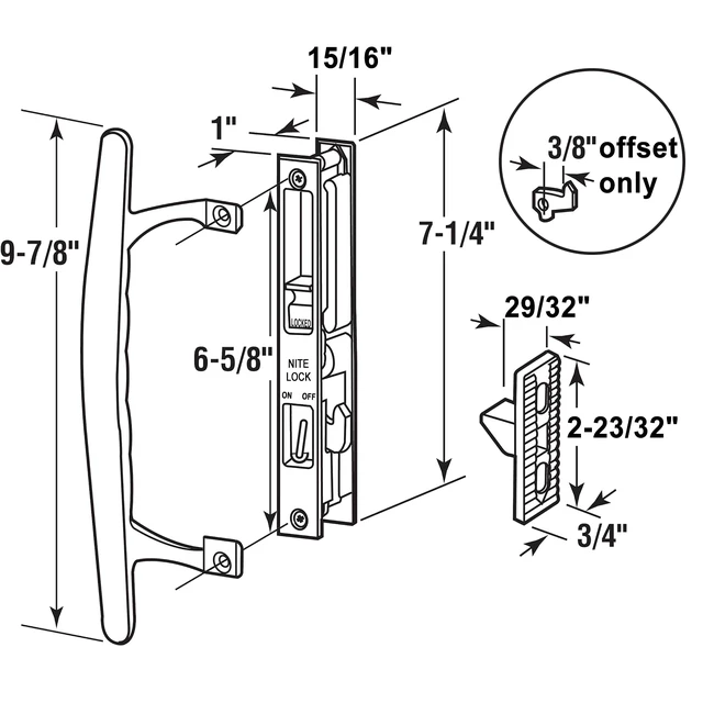 Alt view image 2 of 6 - Flush Mount Non-Keyed Sliding Glass Door Handleset, 6-5/8" H.C., Fits 1" to 1-1/8" Thick Doors, Features Night Lock & Hook Latch, Non-Handed, White Diecast (Pack of 2)