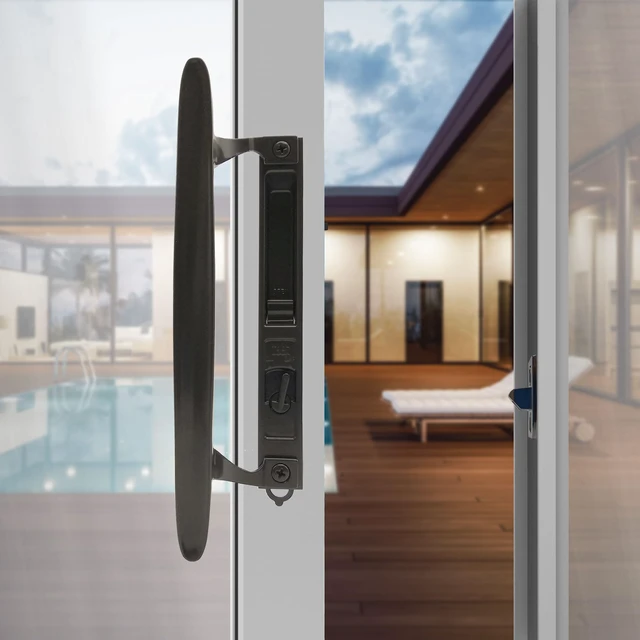 Alt view image 6 of 6 - Flush Mount Non-Keyed Sliding Glass Door Handleset, 6-5/8" H.C., Fits 1" to 1-1/8" Thick Doors, Features Night Lock & Hook Latch, Non-Handed, Florida Bronze