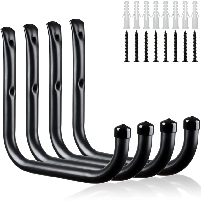 Main image of Wall Hooks for Garage Garden, 4 Pack Water Hose Holder, Large Garage Storage Hanger for Ladder Bike Extension Cord Tool, Wall Mount l Hooks, Black Heavy Duty 8 inch Long Hook