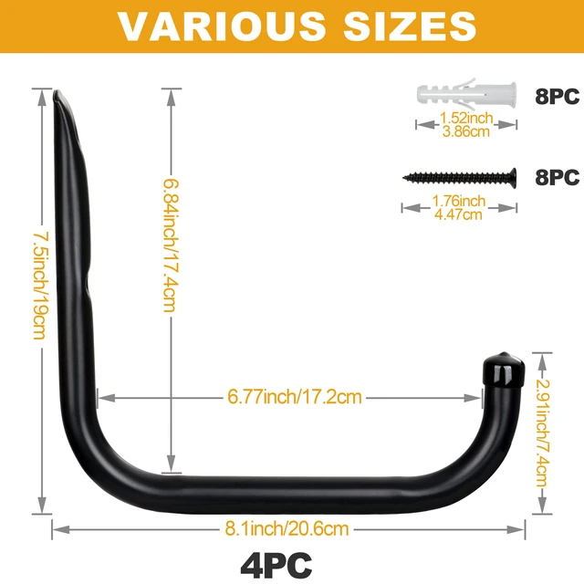 Alt view image 2 of 7 - Wall Hooks for Garage Garden, 4 Pack Water Hose Holder, Large Garage Storage Hanger for Ladder Bike Extension Cord Tool, Wall Mount l Hooks, Black Heavy Duty 8 inch Long Hook