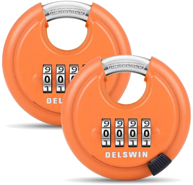 Main image of 4-Digit Disc Combination Lock, Orange, 2 Pcs, 3/8" Shackle Hardened Steel Shackle, Shrouded Shackle Resists Cutting and Prying, For Gate, Sheds, Storage Unit