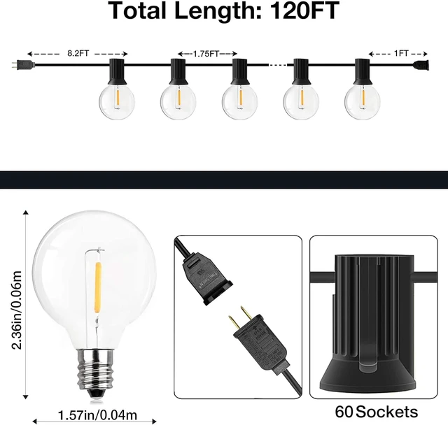 Alt view image 2 of 6 - 120FT Outdoor String Lights, Waterproof Patio Lights with 64 Hanging Lights Globe G40 Bulbs, 2700k Shatterproof for Backyard Outside Decor
