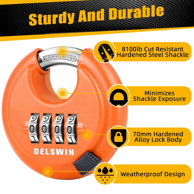 Alt view image 4 of 7 - 4-Digit Disc Combination Lock, Orange, 2 Pcs, 3/8" Shackle Hardened Steel Shackle, Shrouded Shackle Resists Cutting and Prying, For Gate, Sheds, Storage Unit