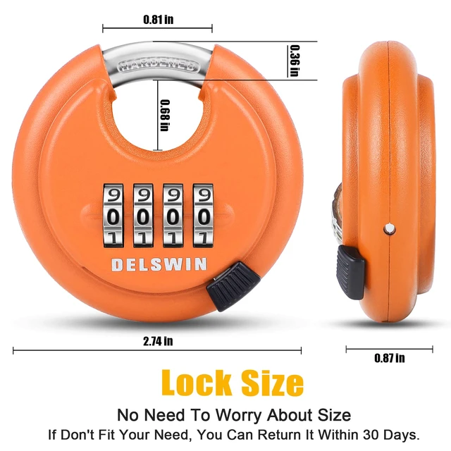 Alt view image 3 of 7 - 4-Digit Disc Combination Lock, Orange, 2 Pcs, 3/8" Shackle Hardened Steel Shackle, Shrouded Shackle Resists Cutting and Prying, For Gate, Sheds, Storage Unit