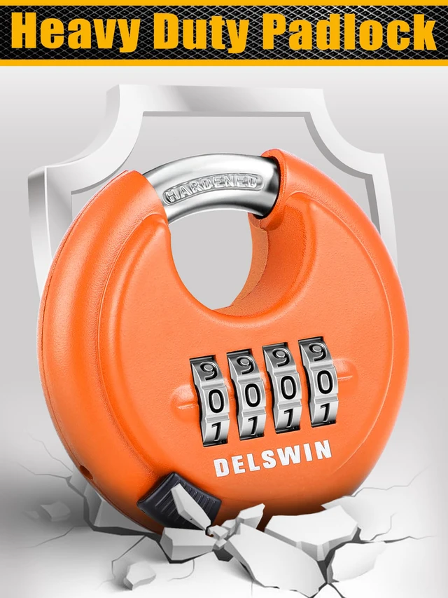 Alt view image 6 of 7 - 4-Digit Disc Combination Lock, Orange, 2 Pcs, 3/8" Shackle Hardened Steel Shackle, Shrouded Shackle Resists Cutting and Prying, For Gate, Sheds, Storage Unit