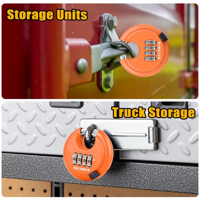 Alt view image 2 of 7 - 4-Digit Disc Combination Lock, Orange, 2 Pcs, 3/8" Shackle Hardened Steel Shackle, Shrouded Shackle Resists Cutting and Prying, For Gate, Sheds, Storage Unit