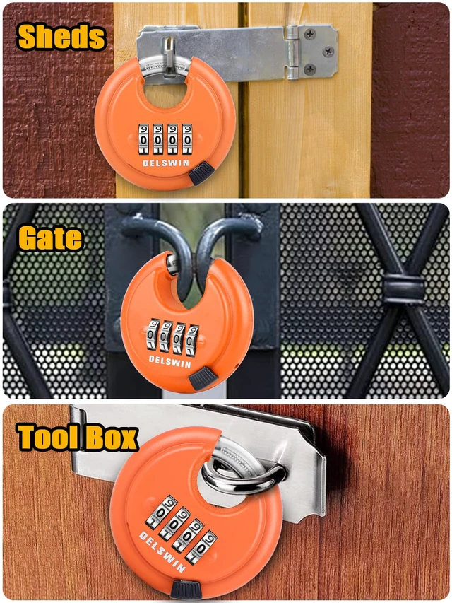 Alt view image 7 of 7 - 4-Digit Disc Combination Lock, Orange, 2 Pcs, 3/8" Shackle Hardened Steel Shackle, Shrouded Shackle Resists Cutting and Prying, For Gate, Sheds, Storage Unit