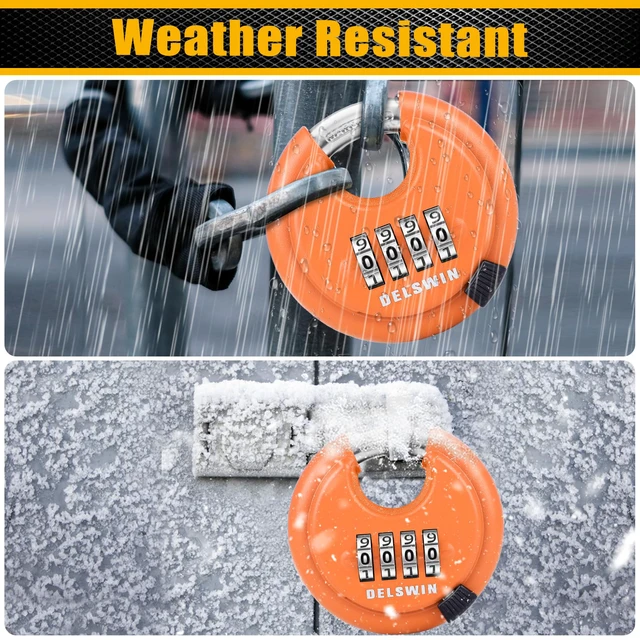 Alt view image 5 of 7 - 4-Digit Disc Combination Lock, Orange, 2 Pcs, 3/8" Shackle Hardened Steel Shackle, Shrouded Shackle Resists Cutting and Prying, For Gate, Sheds, Storage Unit