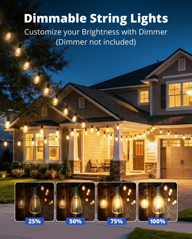 Alt view image 2 of 7 - Outdoor String Lights 120FT, Outdoor Party Light with 58 Edison Lights Bulb Shatterproof,Edison Outside Lights,Plug-In,2700K Dimmable, Connectable, Hanging Light for Porch Garden Backyard Deck Balcony
