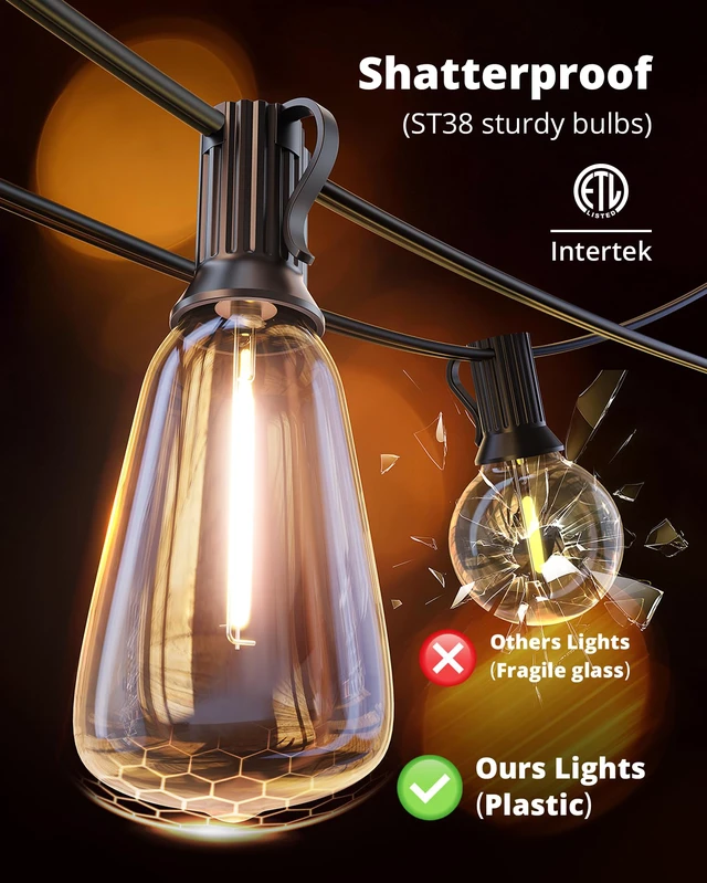 Alt view image 5 of 7 - Outdoor String Lights 120FT, Outdoor Party Light with 58 Edison Lights Bulb Shatterproof,Edison Outside Lights,Plug-In,2700K Dimmable, Connectable, Hanging Light for Porch Garden Backyard Deck Balcony