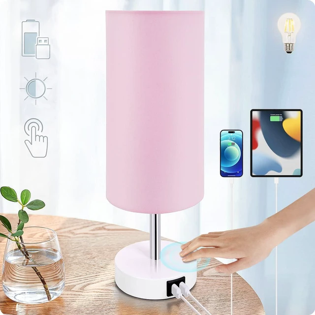 Main image of Desk Lamp with USB Port, Touch Control Desk Lamp with 3 Levels Brightness, Bedside Table Lamp with Round Pink Shade for Bedroom, Living Room, Dorm, Home Office