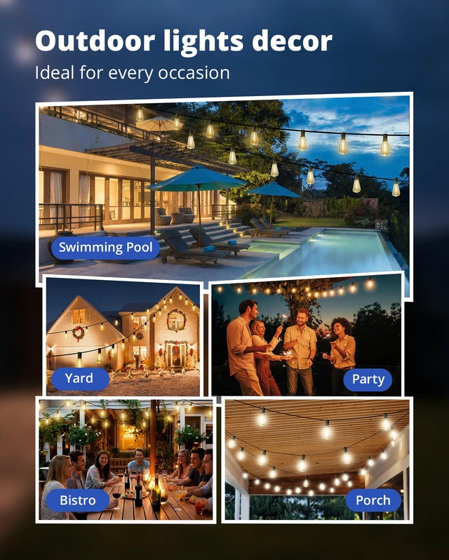 Alt view image 7 of 7 - Outdoor String Lights 120FT, Outdoor Party Light with 58 Edison Lights Bulb Shatterproof,Edison Outside Lights,Plug-In,2700K Dimmable, Connectable, Hanging Light for Porch Garden Backyard Deck Balcony