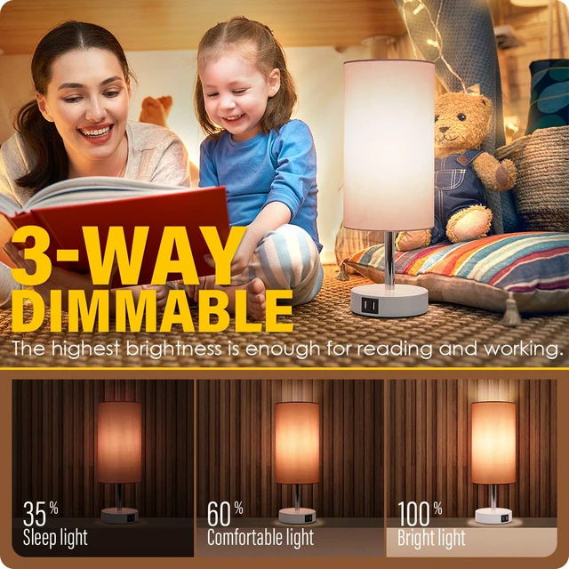 Alt view image 2 of 6 - Desk Lamp with USB Port, Touch Control Desk Lamp with 3 Levels Brightness, Bedside Table Lamp with Round Pink Shade for Bedroom, Living Room, Dorm, Home Office