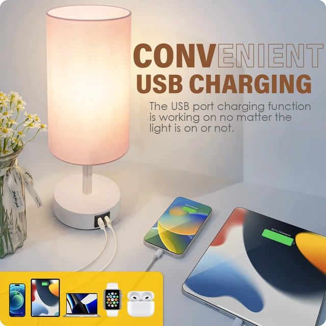 Alt view image 3 of 6 - Desk Lamp with USB Port, Touch Control Desk Lamp with 3 Levels Brightness, Bedside Table Lamp with Round Pink Shade for Bedroom, Living Room, Dorm, Home Office