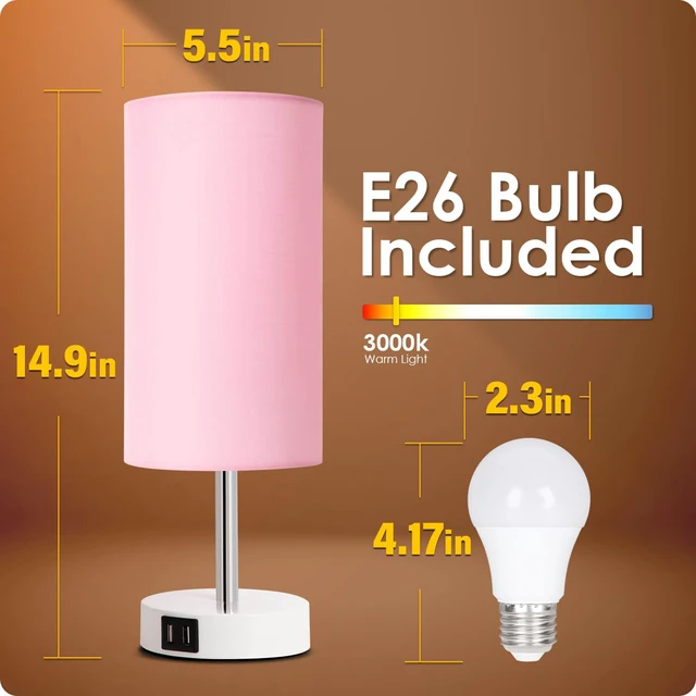 Alt view image 5 of 6 - Desk Lamp with USB Port, Touch Control Desk Lamp with 3 Levels Brightness, Bedside Table Lamp with Round Pink Shade for Bedroom, Living Room, Dorm, Home Office