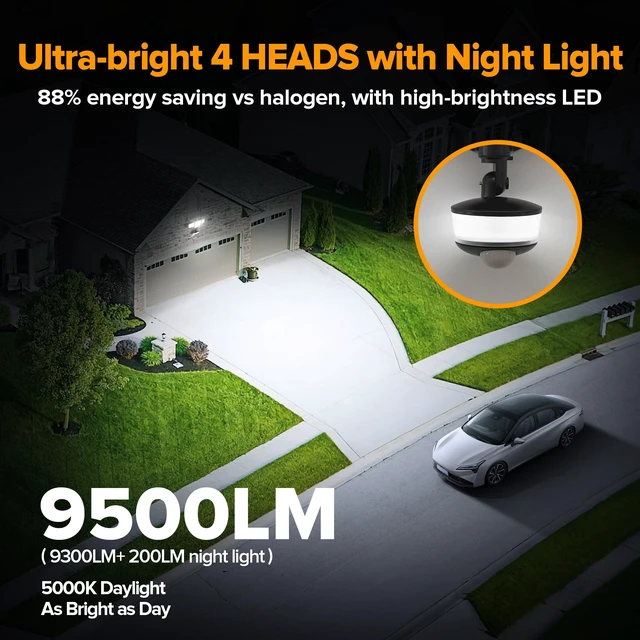 Alt view image 2 of 7 - 84W 9500LM LED Flood Lights Hardwire Motion Sensor Outdoor Lights Night Light, 4 Head LED Flood Lights, 5000K Daylight, IP65 Waterproof, Motion Detected Lights for Outside (Black)