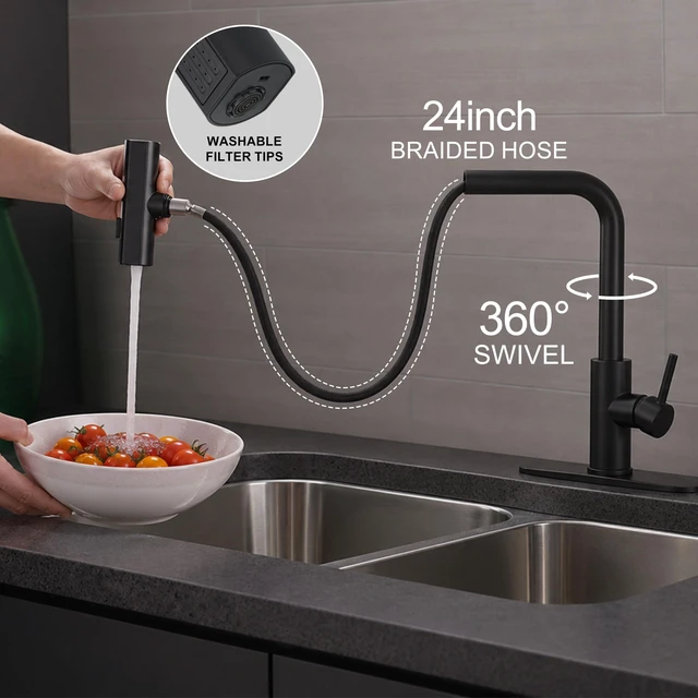 Alt view image 4 of 7 - Black Waterfall Kitchen Faucet with Pull Down Sprayer & Soap Dispenser Stainless Steel Single Handle Faucet with 3 Spray Modes for Farmhouse, RV, Laundry, Bar and Utility Sinks