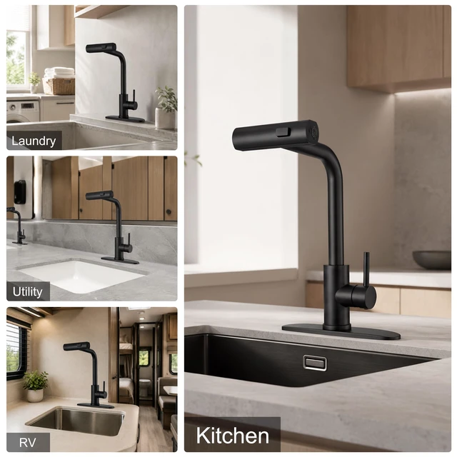 Alt view image 6 of 7 - Black Waterfall Kitchen Faucet with Pull Down Sprayer & Soap Dispenser Stainless Steel Single Handle Faucet with 3 Spray Modes for Farmhouse, RV, Laundry, Bar and Utility Sinks