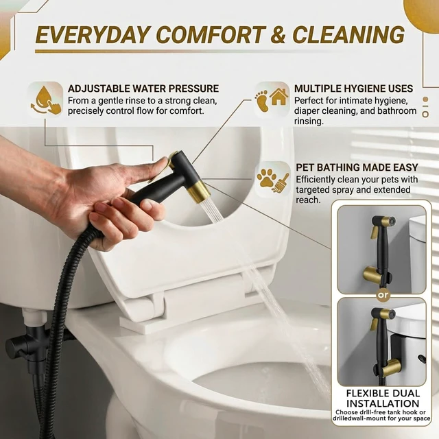 Alt view image 2 of 7 - Handheld Bidet Sprayer for Toilet, Stainless Steel Metal Made Baby Cloth Diaper Spraying Kit, Bathroom Toilet Bidet Attachment Set for Bathing Pets and Feminine Washing,Matte Black and Gold