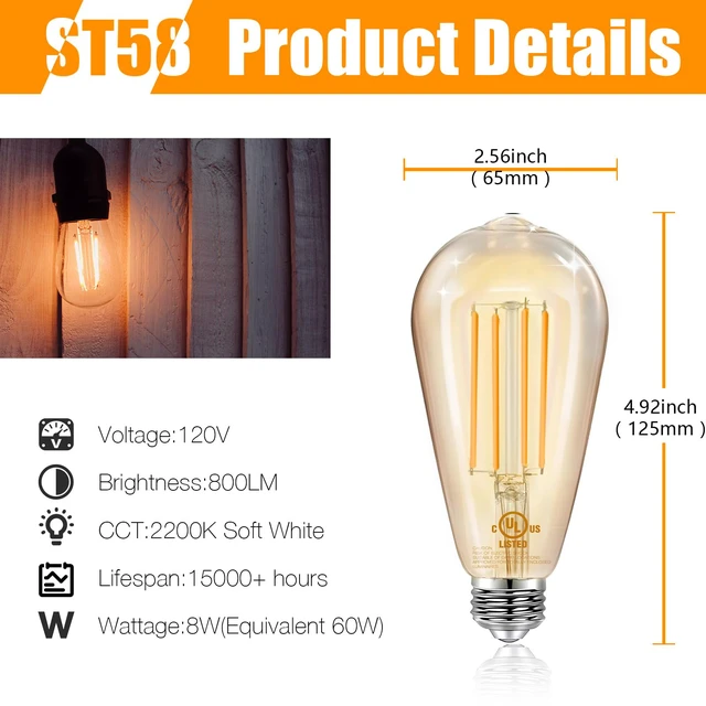 Alt view image 2 of 7 - 4 Pack Vintage LED Edison Bulbs, E26 Led Bulb 60W Equivalent, Dimmable Led Light Bulbs, High Brightness 800 LM Amber Warm 2200K, ST58 Antique Filament Bulbs, Clear Glass Style for Home