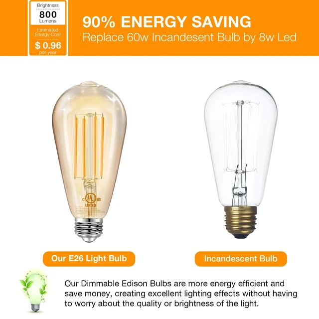 Alt view image 3 of 7 - 4 Pack Vintage LED Edison Bulbs, E26 Led Bulb 60W Equivalent, Dimmable Led Light Bulbs, High Brightness 800 LM Amber Warm 2200K, ST58 Antique Filament Bulbs, Clear Glass Style for Home