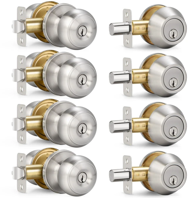 Main image of 4 Sets Entry Door Knob and Single Cylinder Deadbolt Combo Set, Keyed Alike Round Ball Satin Nickel Interior/Exterior Door Knobs with Lock and Keys for Entrance, Front Door and Indoor Door