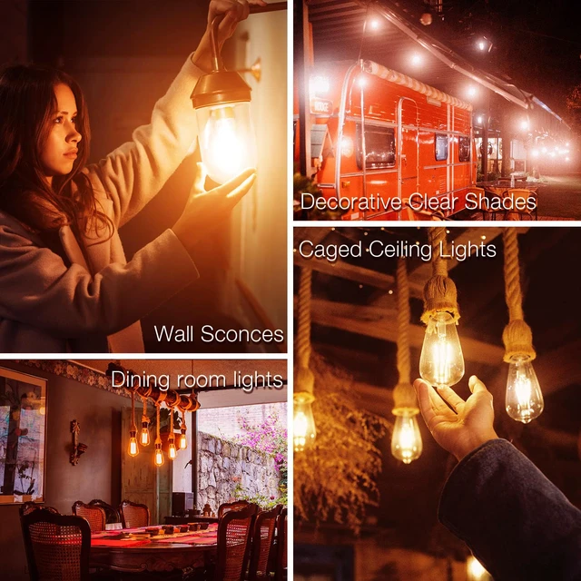 Alt view image 6 of 7 - 4 Pack Vintage LED Edison Bulbs, E26 Led Bulb 60W Equivalent, Dimmable Led Light Bulbs, High Brightness 800 LM Amber Warm 2200K, ST58 Antique Filament Bulbs, Clear Glass Style for Home