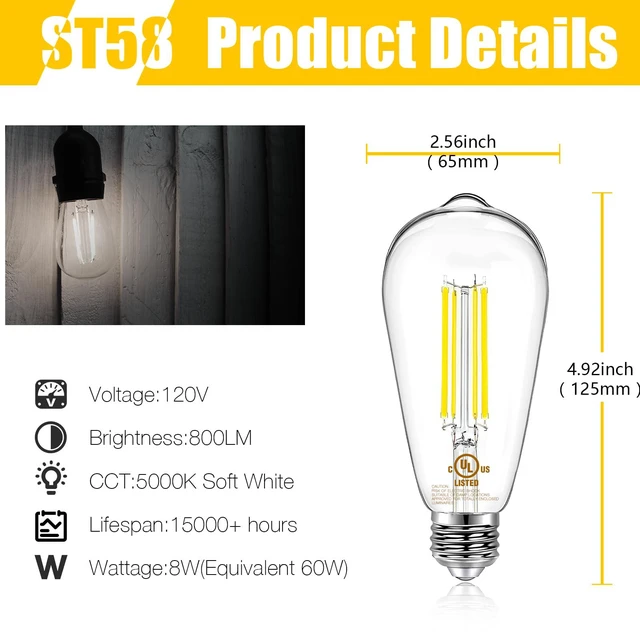 Alt view image 2 of 6 - 4 Pack Vintage LED Edison Bulbs, E26 LED Bulb 60W Equivalent, Dimmable LED Light Bulbs, 8W High Brightness 800 LM Daylight 5000K, ST58 Antique Filament Bulbs, Clear Glass Style for Home