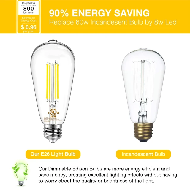 Alt view image 4 of 6 - 4 Pack Vintage LED Edison Bulbs, E26 LED Bulb 60W Equivalent, Dimmable LED Light Bulbs, 8W High Brightness 800 LM Daylight 5000K, ST58 Antique Filament Bulbs, Clear Glass Style for Home