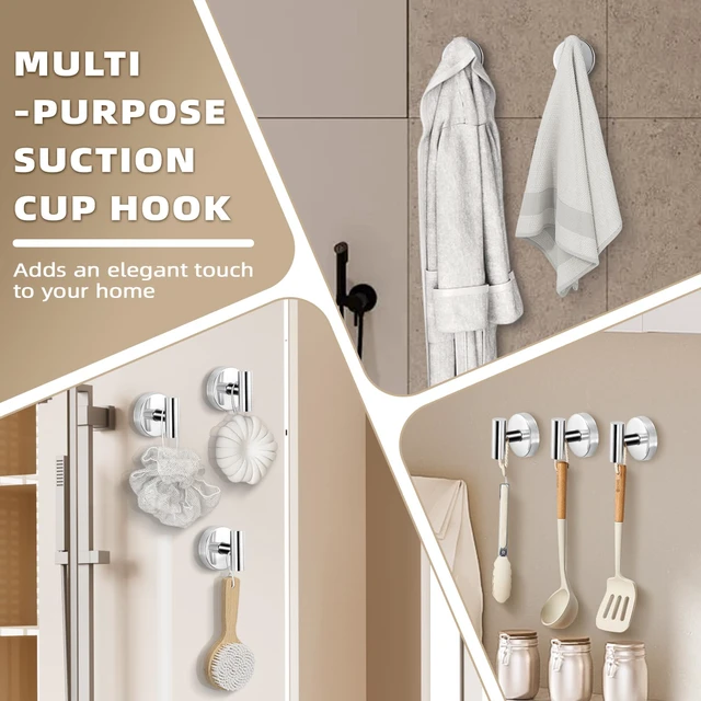 Alt view image 2 of 6 - Suction Cup Hooks for Shower - Bathroom Reusable Hooks for Towels, Robes & Loofah - No-Drill Mounting on Kitchen,Walls,Metal,Glass,Mirrors,Tile & Smooth Non-Porous Surfaces (2, Chrome Polished)