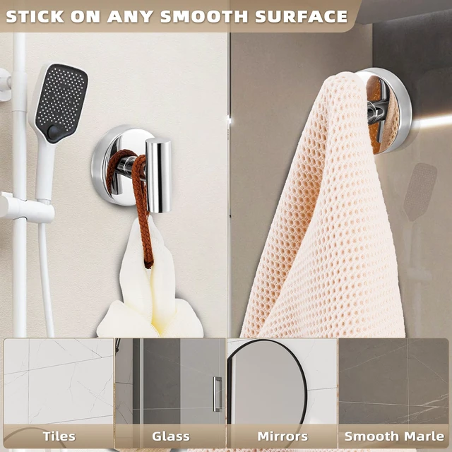 Alt view image 3 of 6 - Suction Cup Hooks for Shower - Bathroom Reusable Hooks for Towels, Robes & Loofah - No-Drill Mounting on Kitchen,Walls,Metal,Glass,Mirrors,Tile & Smooth Non-Porous Surfaces (2, Chrome Polished)