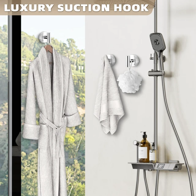 Alt view image 5 of 6 - Suction Cup Hooks for Shower - Bathroom Reusable Hooks for Towels, Robes & Loofah - No-Drill Mounting on Kitchen,Walls,Metal,Glass,Mirrors,Tile & Smooth Non-Porous Surfaces (2, Chrome Polished)